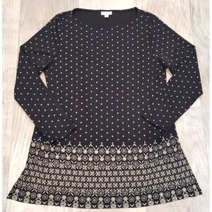 J.Jill Sz L Black Geometric Floral Long Sleeve Tunic Top Pullover Career Casual
